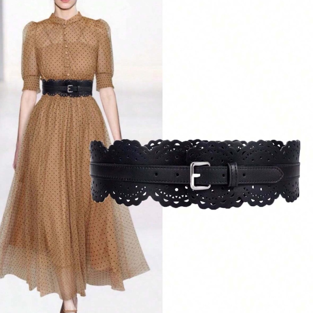 Luxe Vegan Leather Scallop Cut out Buckle Wide belt